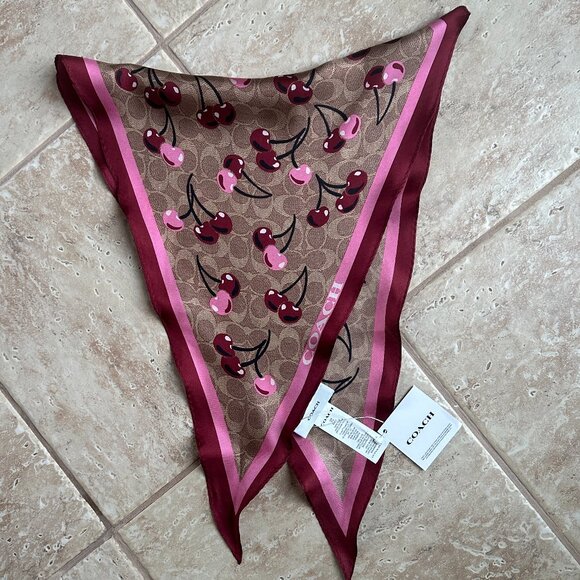 COACH SIGNATURE CHERRY SWIRL PRINT SILK DIAMOND SCARF:NWT TAN/MERLOT  CZ532 - Picture 2 of 10